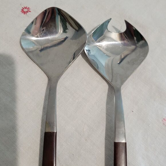 VTG 2pc Pyramid Stainless/Faux Wood Salad Servers 10 3/8" Japan EKCO Canoe Muffi - Picture 2 of 8